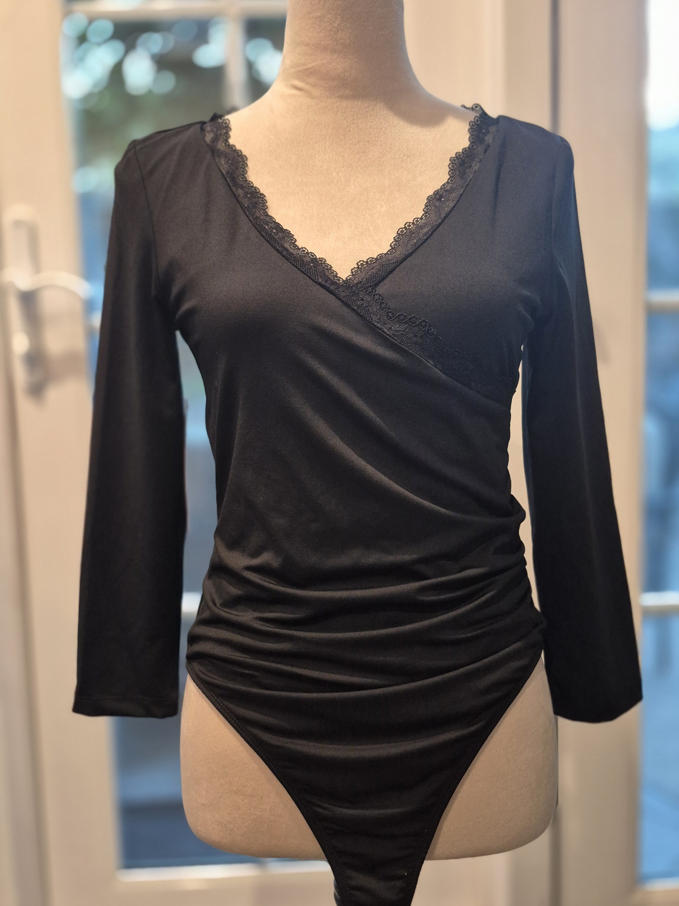Princess Polly Black Long Sleeve Lace Trim Surplice Bodysuit